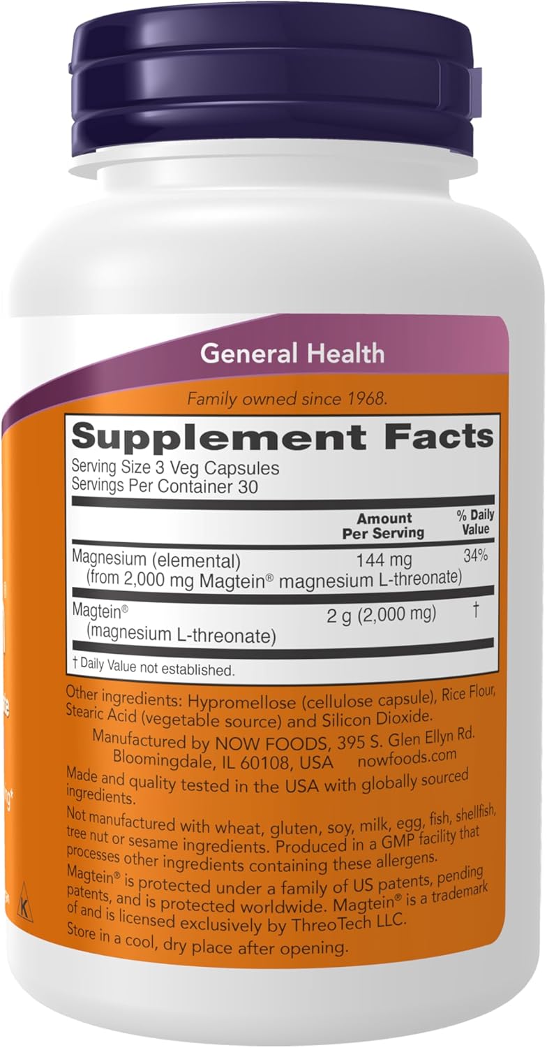 NOW Foods Supplements, Magtein™ with patented form of Magnesium (Mg), Cognitive Support*, 90 Veg Capsules - Nirvana Guru