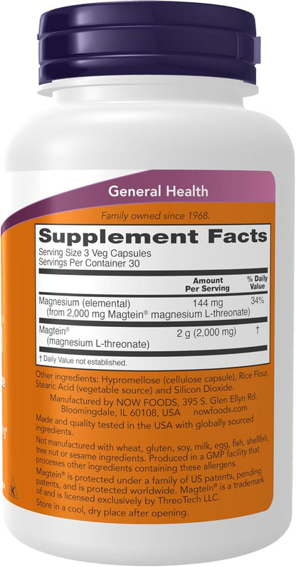 NOW Foods Supplements, Magtein™ with patented form of Magnesium (Mg), Cognitive Support*, 90 Veg Capsules - Nirvana Guru