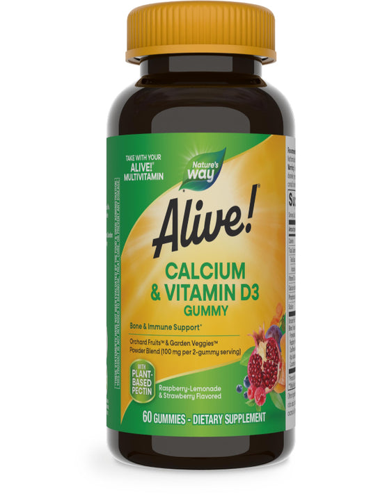 Nature's Way Alive! Daily Calcium & Vitamin D3 Gummies, Bone Support*, Immune Support*, Strawberry and Raspberry- Lemonade Flavored, 60 Gummies - Nirvana Guru