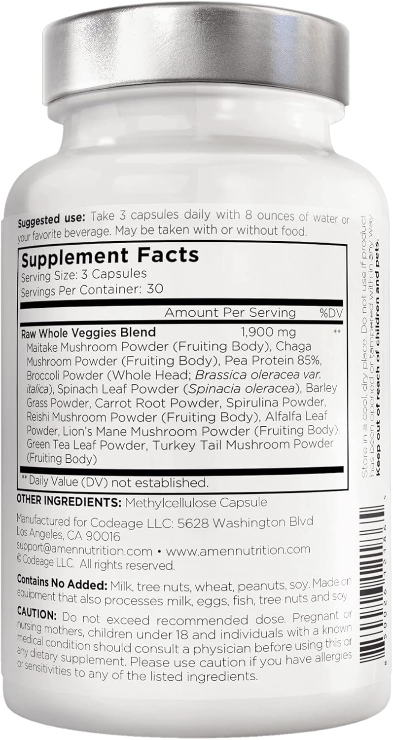 Amen Veggies, Daily Veggies Vitamins Supplement, Vegetables Vegan Blend & Whole-Food Raw Greens Multivitamin Capsules, Mushroom Complex, Superfood, Minerals, Green Vegetable Nutrients, Non-GMO, 90 ct Nirvana Guru