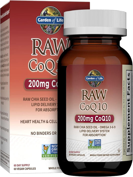 Garden of Life CoQ10 200mg, Vegetarian Omega 3 6 9 Supplement Raw Co Q 10 Chia Seed Oil, Whole Food Nutrition with Antioxidant Support, Coenzyme q10 Supplement for Heart Health, 60 Capsules - Nirvana Guru