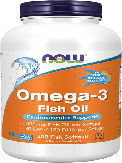NOW Foods Supplements, Omega-3 180 EPA / 120 DHA, Molecularly Distilled, Cardiovascular Support*, 200-Fish Gelatin Softgels,Packaging may vary - Nirvana Guru