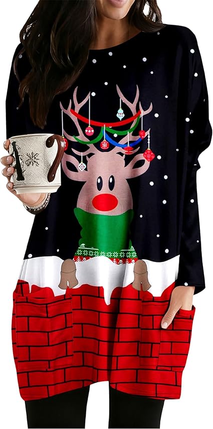 MOUSYA Women Dress Shirt Christmas Long Sleeve Tops Santa Printed Pullover Loose Plus Size T-Shirt Blouse with Pockets nirvanaguru