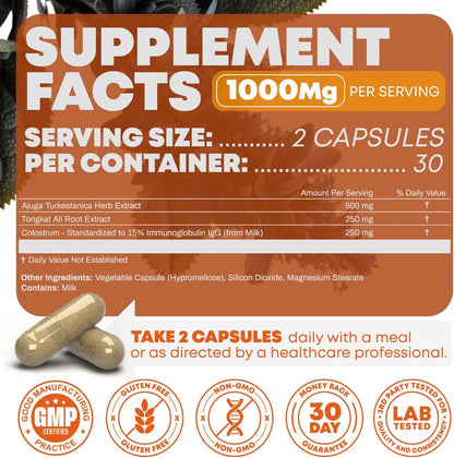 Turkesterone & Tongkat Ali 1000mg Supplement - 500mg Ajuga Turkestanica Per Serving Increase Stamina, Lean Muscle Growth & Recovery - Made in The USA (60 Capsules)