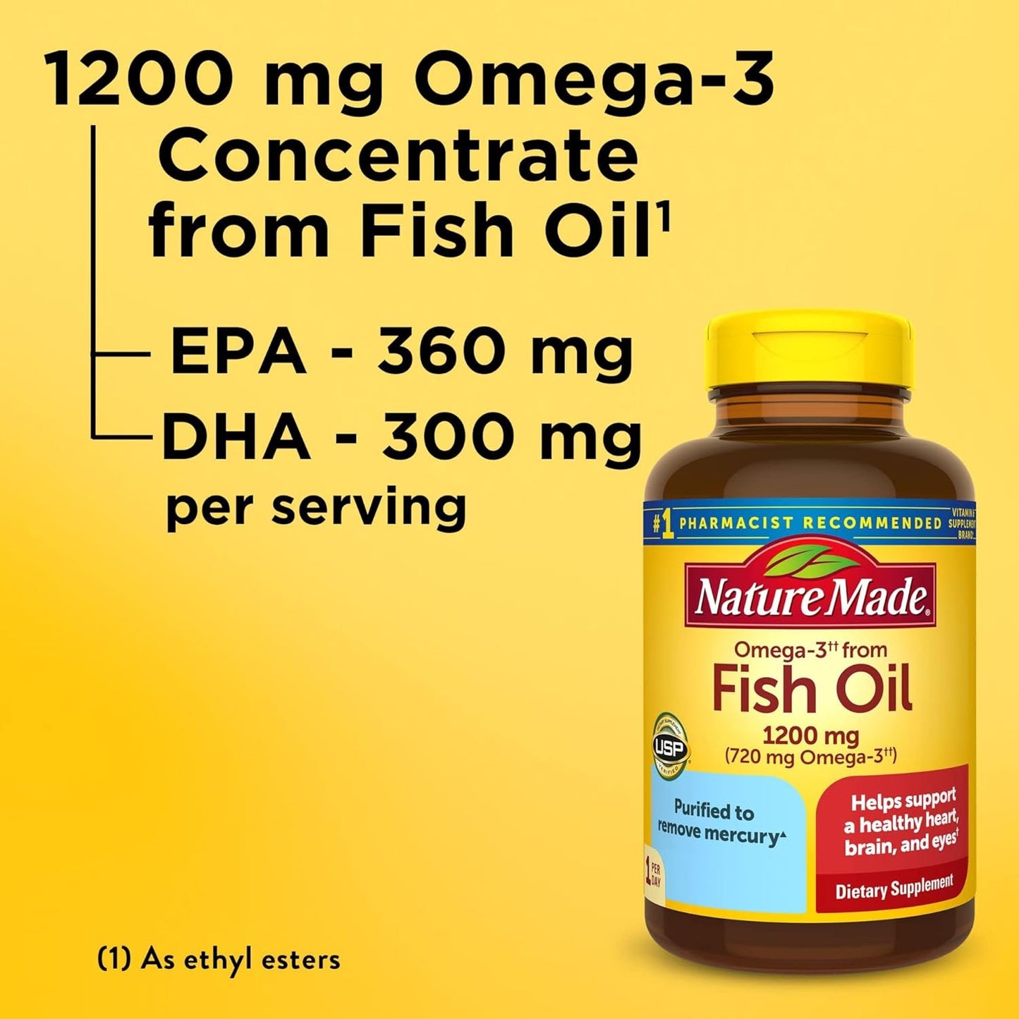 Nature Made Burp Less Ultra Omega 3 Fish Oil Supplements, 1400mg Fish Oil Omega 3 Supplements as Ethyl Esters for Healthy Heart Brain Eyes Support, One Per Day, 90 Softgels - Nirvana Guru