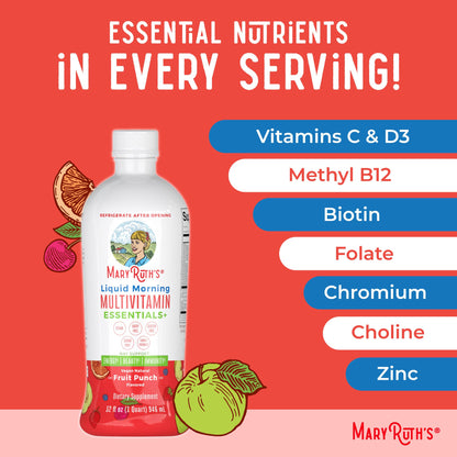 MaryRuth's Liquid Morning Multivitamin Essentials+ | Vitamin A C D E B6 B12 Biotin Zinc | Mens Womens Multivitamin | Immune Support | Beauty | Sugar Free | Vitamins for Ages 1+ | Vegan | 32 Fl Oz - Nirvana Guru
