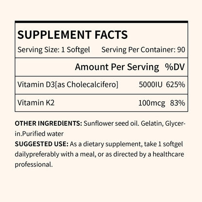 Misspep Vitamin D3 K2, 5000 IU D3 and 100 mcg K2 (MK-7), with Sunflower Oil Softgels, 90 Softgels, 2-in-1 Formula, Easy to Absorb and Swallow (1 Bottle)