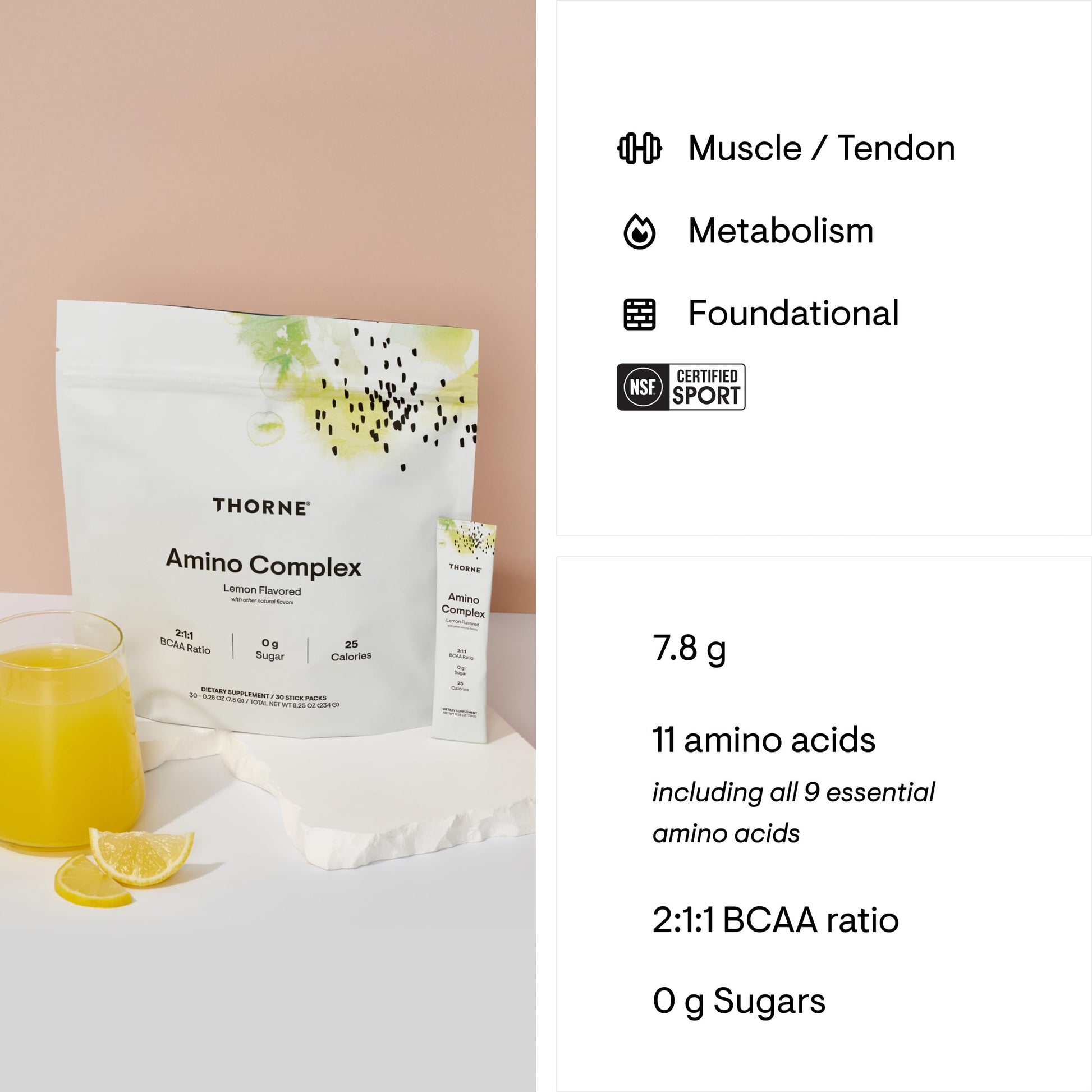 THORNE - Amino Complex - Clinically-Validated EAA and BCAA Powder for Pre or Post-Workout - Promotes Lean Muscle Mass & Energy Production* - NSF Certified for Sport - 30 Servings - 8.1 Oz - Lemon - Nirvana Guru