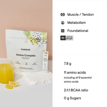 THORNE - Amino Complex - Clinically-Validated EAA and BCAA Powder for Pre or Post-Workout - Promotes Lean Muscle Mass & Energy Production* - NSF Certified for Sport - 30 Servings - 8.1 Oz - Lemon - Nirvana Guru