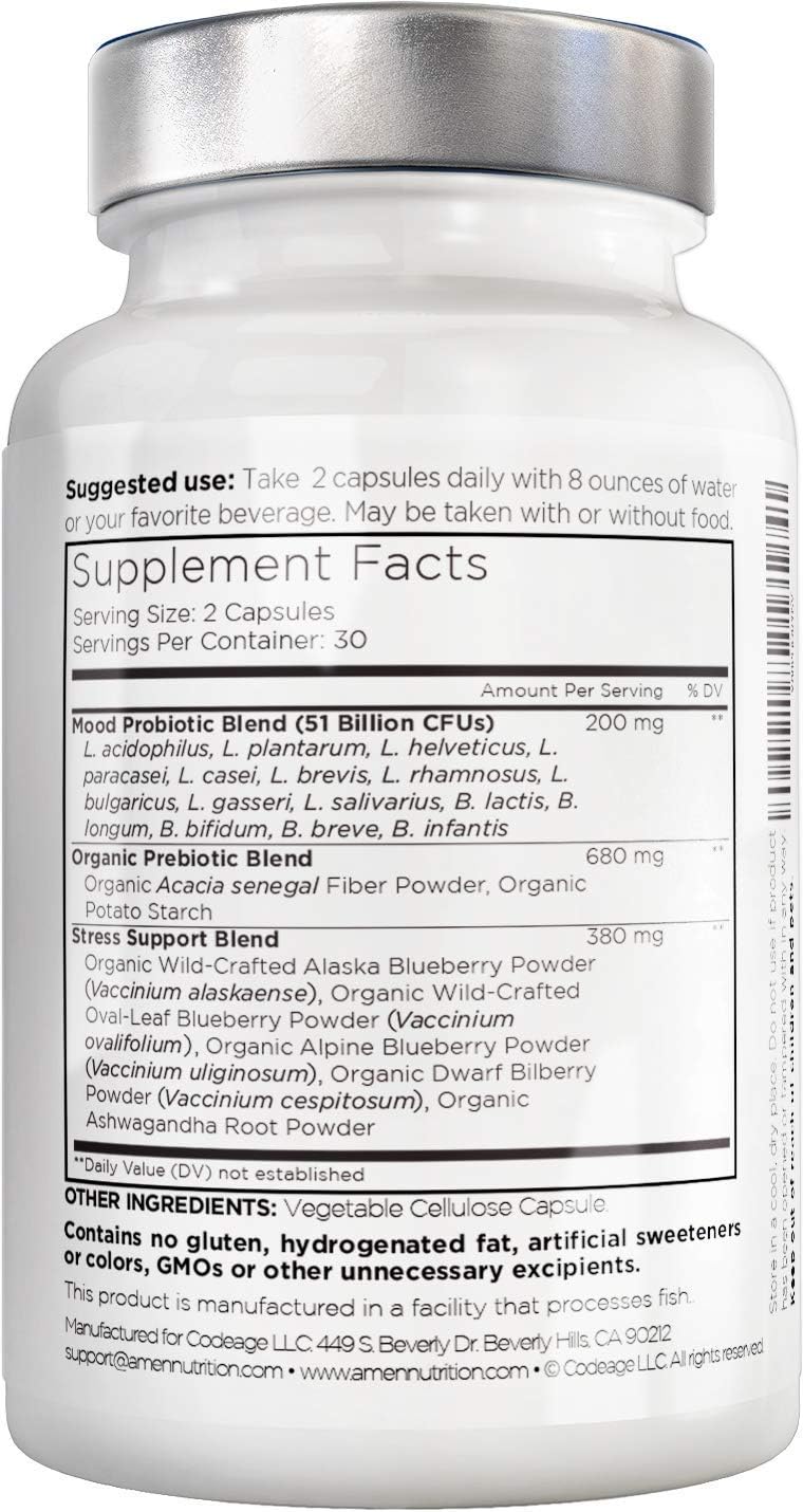 Amen Mood Probiotic Supplement 51 Billion CFU - Organic Prebiotics and Probiotics - Acidophilus Probiotic Pills, Fibers - Mood Organic Ashwagandha, Blueberries - Vegan & Non-GMO - 60 Capsules Nirvana Guru