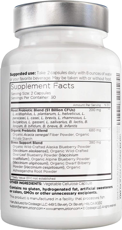 Amen Mood Probiotic Supplement 51 Billion CFU - Organic Prebiotics and Probiotics - Acidophilus Probiotic Pills, Fibers - Mood Organic Ashwagandha, Blueberries - Vegan & Non-GMO - 60 Capsules Nirvana Guru