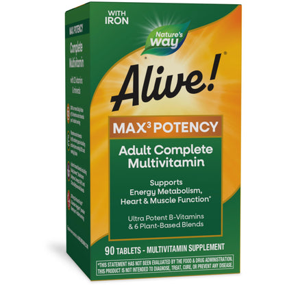 Nature's Way Alive! Max3 Potency Adult Complete Multivitamin, Ultra Potency B-vitamins to Support Energy Metabolism*, with Methylated B12 and Folate, 180 Tablets - Nirvana Guru