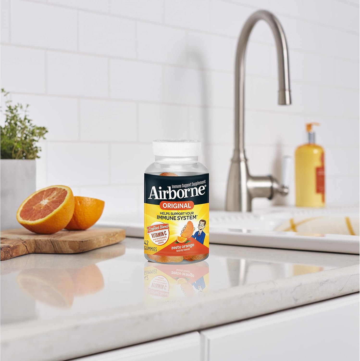 Airborne Vitamin C 750mg (per Serving) Zesty Orange Flavored Gummies (42 Count in a Bottle), Gluten-Free Immune Support Supplement with Vitamins A C E, Selenium, Echinacea, Ginger, Antioxidant Nirvana Guru