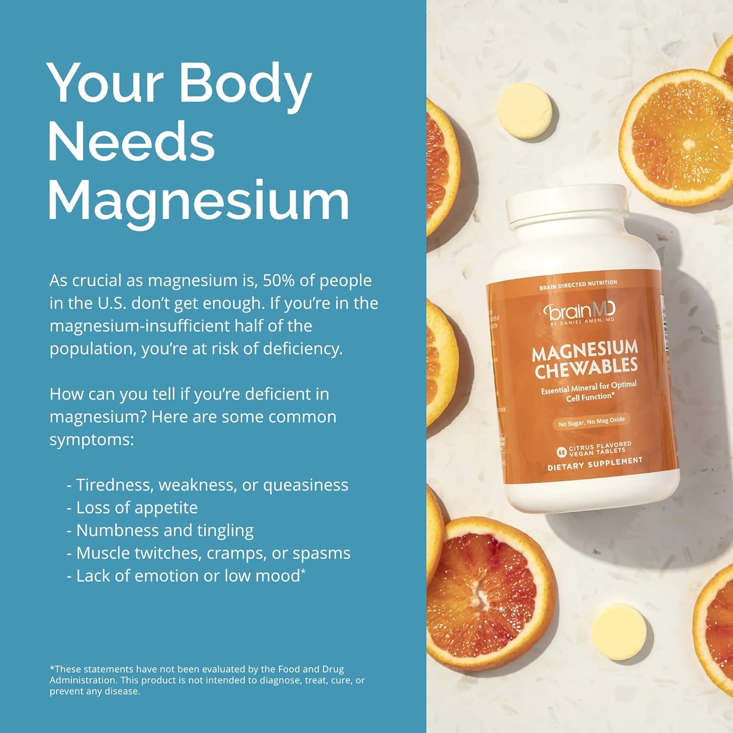 BRAINMD Dr Amen Magnesium Chewables, Citrus - 60 Chewable Tablets - Essential Mineral for Optimal Cell Function - Supports Memory & Focus - Gluten Free - 60 Servings Nirvana Guru
