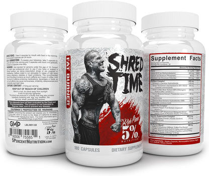 5% Nutrition Shred Time Fat Burner | Green Tea, Coffee Bean, Cayenne, Theobromine, GBB | Appetite Suppression | 30 Servings (180 Capsules) Nirvana Guru