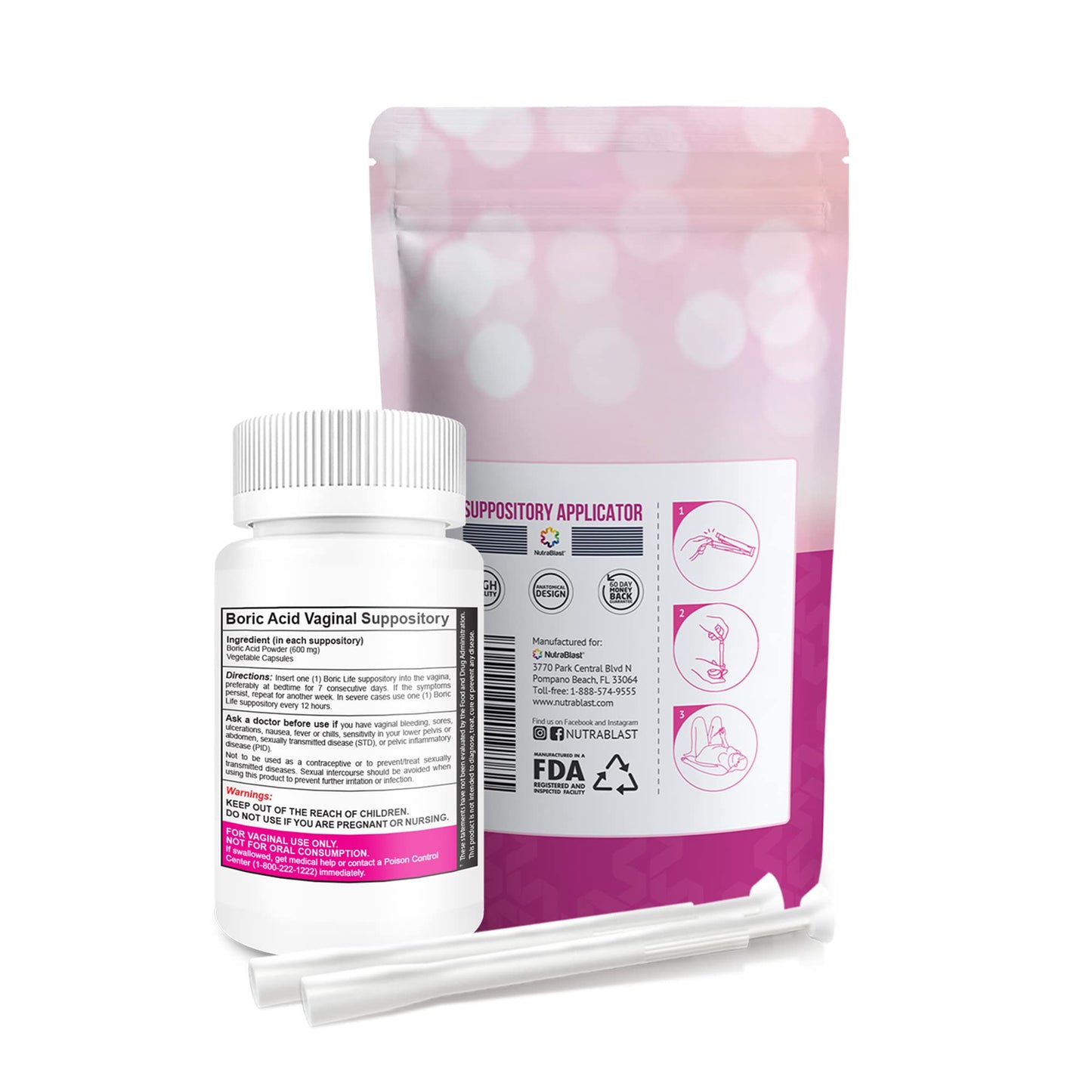 NutraBlast Boric Acid Vaginal Suppositories - 100% Pure Made in USA - Boric Life Intimate Health Support (30 Count)