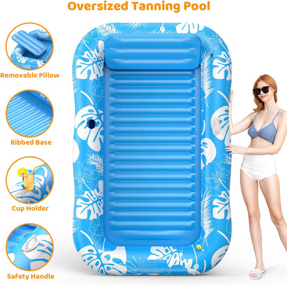 Inflatable Tanning Pool Lounger Float with Sprinkler, 77" x 48" Pool Floats Adult with Pillow, 6 in 1 Suntan Tub Raft Floatie with Drink Holder Sunbathing Water Lounge Nirvana Guru