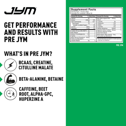 JYM Supplement Science Pre JYM Strawberry Kiwi Pre Workout Powder - BCAAs, Nootropics, Creatine HCI, Citrulline, Beta-Alanine, Betaine, Taurine, Huperzine 30 Servings Nirvana Guru