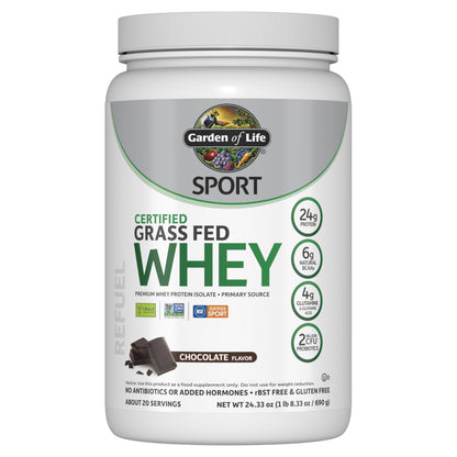Garden of Life Sport Whey Protein Powder Chocolate, Premium Grass Fed Whey Protein Isolate Plus Probiotics for Immune System Health, 24g Protein, Non GMO, Gluten Free, Cold Processed - 20 Servings - Nirvana Guru