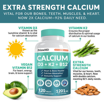 4-in-1 Calcium 1200mg with Vitamin D3 - Calcium Supplement for Women and Men with Vitamin K2 B12 5000 IU - Extra Strength Calcium Citrate for Bone and Heart Support (120ct) Nirvana Guru