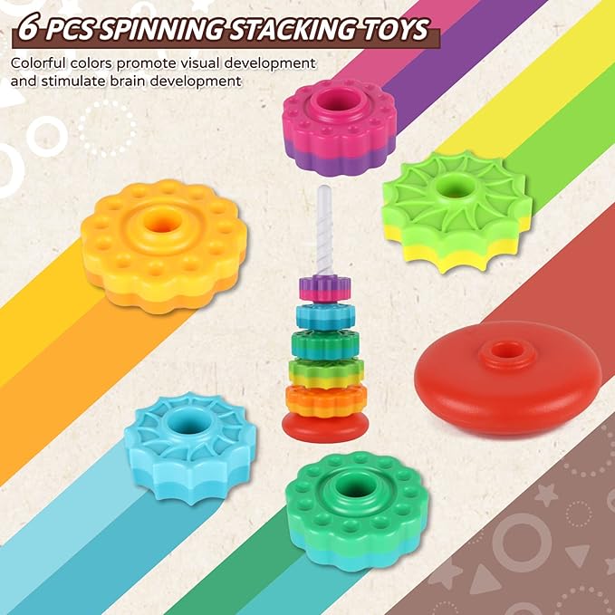Baby Spinning Stacking Toys for Toddlers 1-3, Rainbow Ring Stacker Montessori Toys for Babies 6-12 Months, 1 2 3 One Year Old Girl Boy Christmas Birthday Gifts, Autism Sensory Learning Toy nirvanaguru