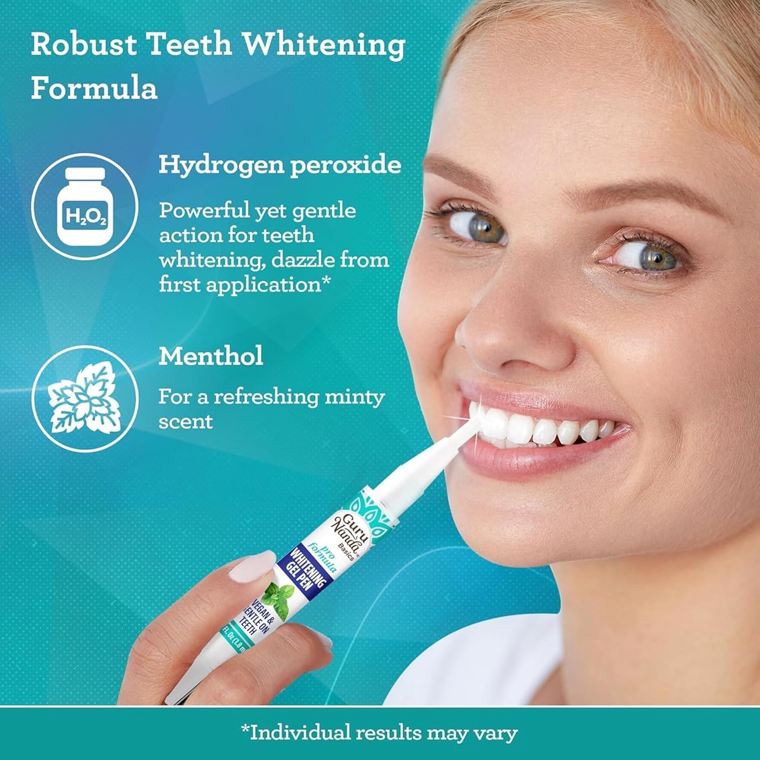 GuruNanda Teeth Whitening Pen,(0.06 fl oz)-20 Uses, Vegan & Gentle on Teeth Pro Formula - Hydrogen Peroxide Whitening Gel Pen, Cruelty-free, Mint Flavor Nirvana Guru