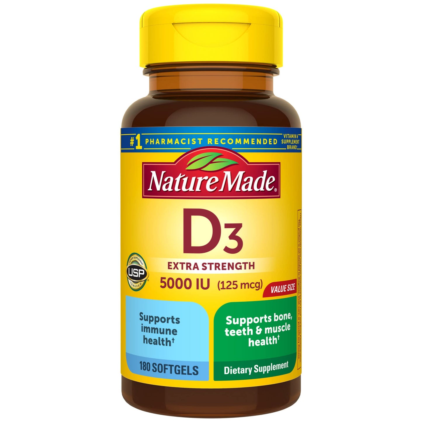 Nature Made Extra Strength Vitamin D3 5000 IU (125 mcg), Dietary Supplement for Bone, Teeth, Muscle and Immune Health Support, 180 Softgels, 180 Day Supply - Nirvana Guru