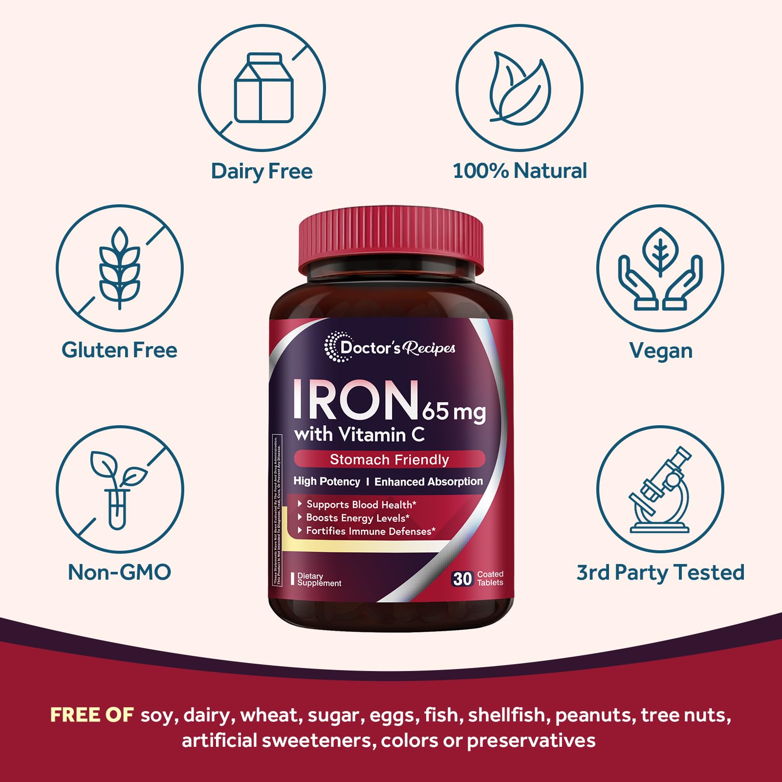 Doctor's Recipes Iron Supplement 65 mg with Vitamin C - Maximized Absorption, Stomach Friendly & High Potency Iron Pills for Red Blood Cells Formation & Immunity Health - Vegan Non-GMO 60 Iron Tablets Nirvana Guru