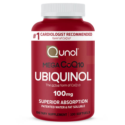 Qunol Mega Ubiquinol 100mg CoQ10, Superior Absorption, Patented Water and Fat Soluble Natural Supplement Form of Coenzyme Q10, Antioxidant for Heart Health, 100 Count Softgels Nirvana Guru