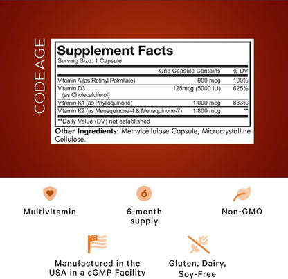 Codeage ADK Vitamins Supplement - Essential Vitamin A, D3 5000 IU, K1 & K2 (MK4 & MK7) - 6-Month Supply - 1 Capsule per Serving, Non-GMO, Gluten-Free - 180 Capsules - Nirvana Guru