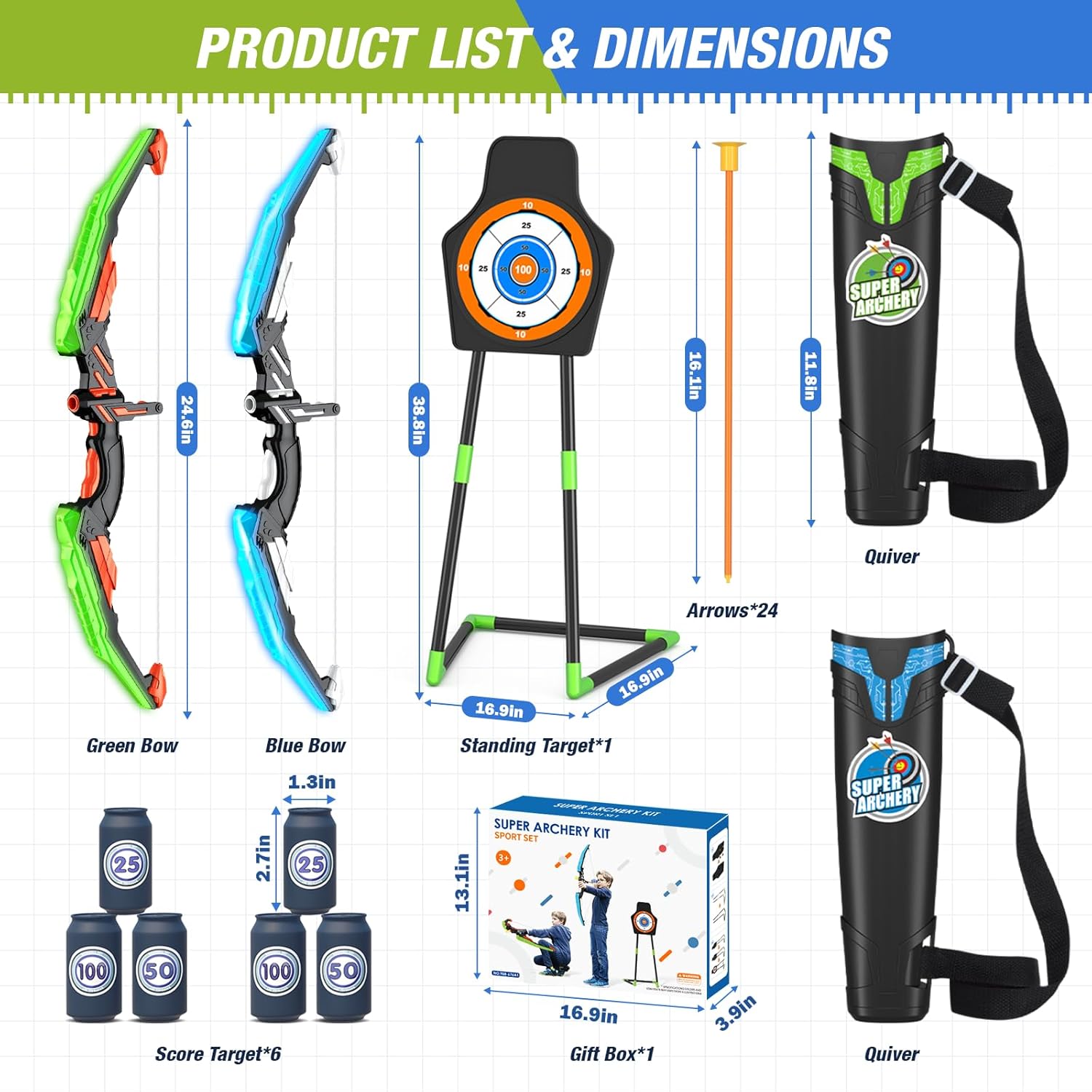 2 Pack Bow and Arrow for Kids, LED Light Up Archery Set with 24 Suction Cup Arrows, 1 Standing Target, 6 Score Targets & 2 Quiver, Indoor Outdoor Sport Gifts for Boys Girls Ages 4-8 Nirvana Guru