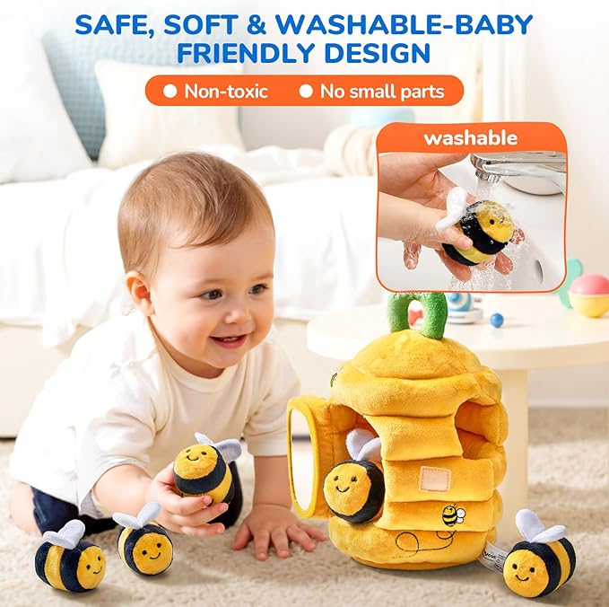 JoyCat Baby Toys 6-12 Months - Soft Baby Beehive with 5 Sensory Bees - Rattle, Crinkle Paper, Squeaker, Mirror, Busy Montessori Soft Toys for Toddlers 0-3 Years Old - Bee Plush Boy Girl Birthday Gift nirvanaguru