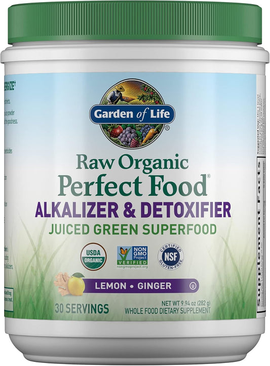 Garden of Life Raw Organic Perfect Food Alkalizer & Detoxifier Juiced Greens Superfood Powder - Lemon Ginger, 30 Servings - Non-GMO, Gluten Free Whole Food Dietary Supplement, Plus Probiotics - Nirvana Guru