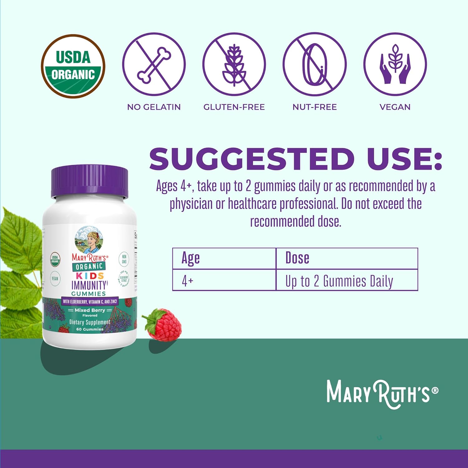 MaryRuth Organics Kids Immune Support Gummies | USDA Organic | Vitamin C, Zinc, and Elderberry Gummies for Kids| Immune Support for Ages 4+ | Vegan | Non-GMO | Gluten Free | 60 Count - Nirvana Guru