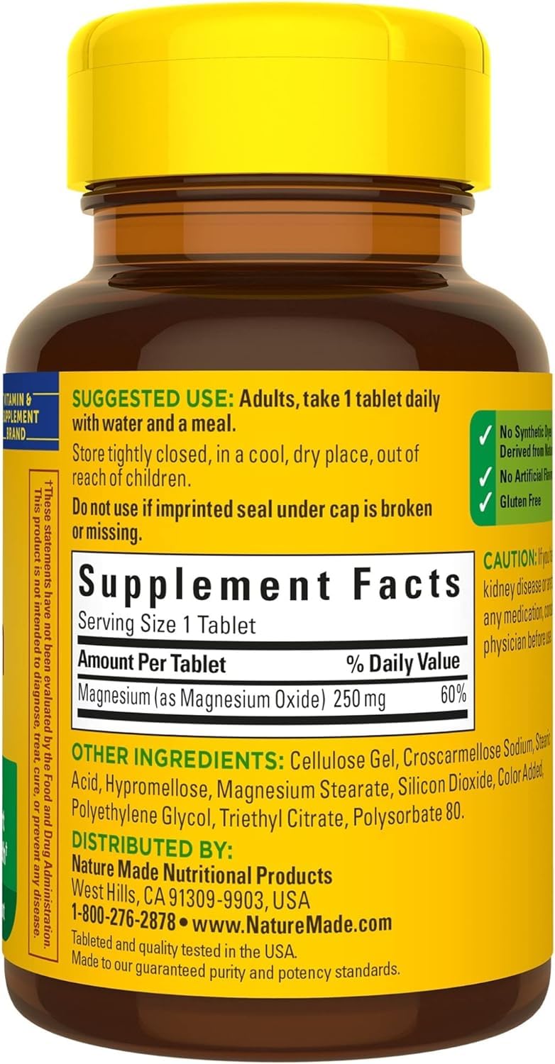 Nature Made Magnesium Oxide 250 mg, Magnesium Supplement for Muscle, Heart, Bone and Nerve Health Support, 100 Tablets, 100 Day Supply - Nirvana Guru