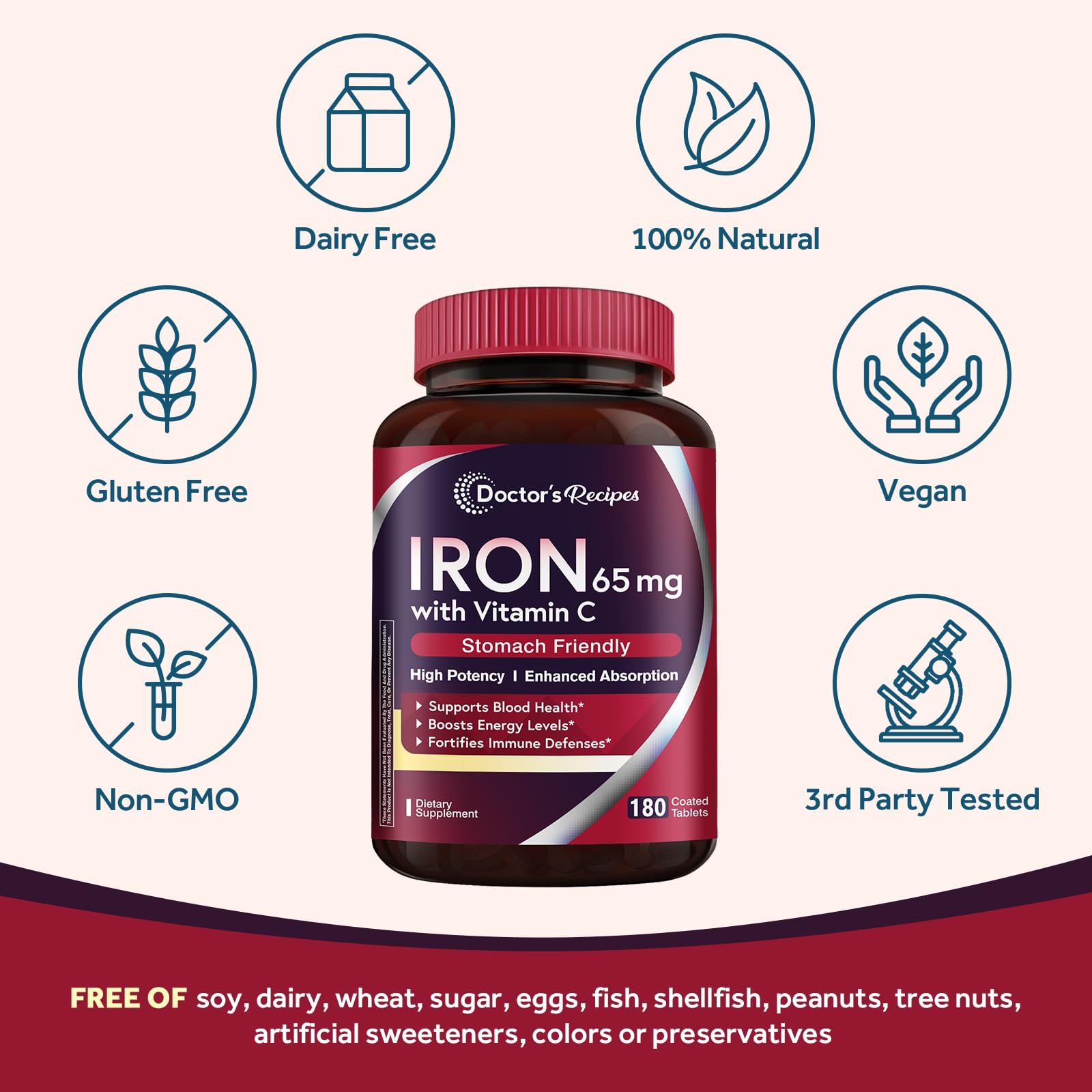 Doctor's Recipes Iron Supplement 65 mg with Vitamin C - Maximized Absorption, Stomach Friendly & High Potency Iron Pills for Red Blood Cells Formation & Immunity Health - Vegan Non-GMO 60 Iron Tablets Nirvana Guru