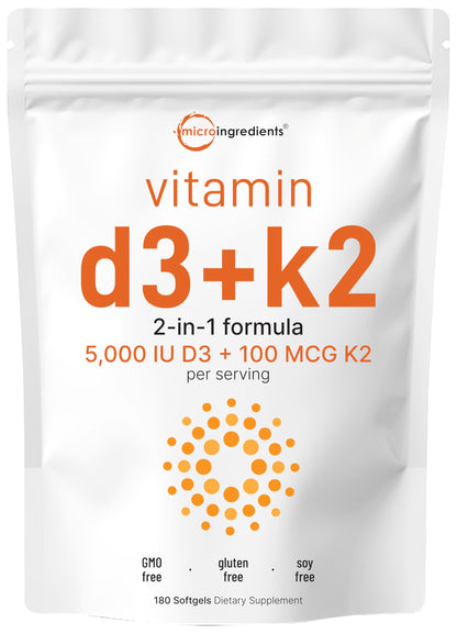 Micro Ingredients Vitamin D3 10,000 IU + K2 MK-7 200 mcg, 300 Softgels | Virgin Coconut Oil | 2-in-1 Bone, Immune & Heart Support | Easy to Swallow, Non-GMO