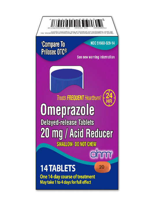 Ohm Omeprazole Delayed-Release Tablets, 20mg Acid Reducer, Treats Frequent Heartburn (2 Weeks of Supply, 14, Count)