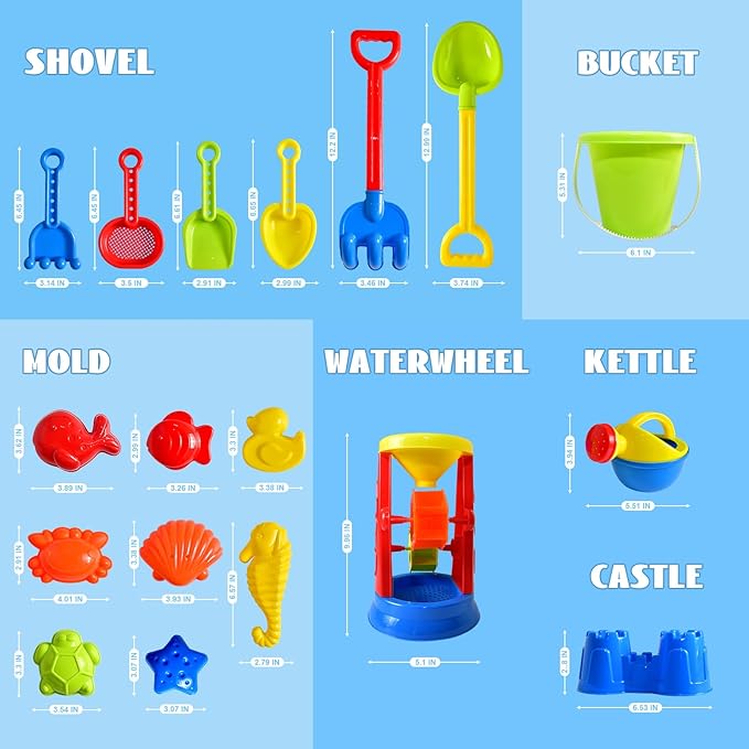 Beach Toys, 19 Piece Sand Toys Set Kids Sandbox Toys Includes Water Wheel Beach Tool Kit Bucket Watering Can Molds with Mesh Bag for Kids Ages 3-13 Nirvana Guru