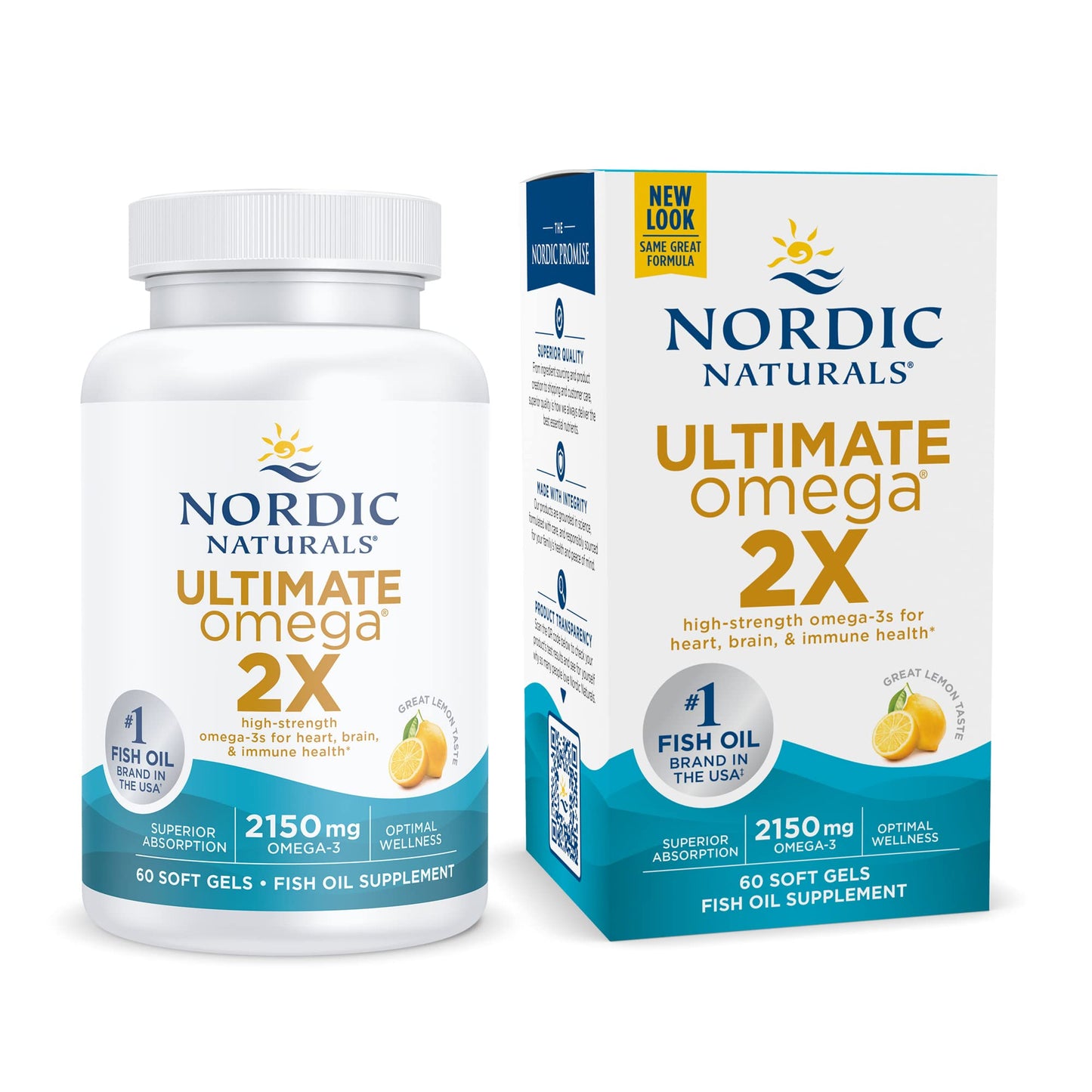 Nordic Naturals Ultimate Omega 2X, Lemon Flavor - 60 Soft Gels - 2150 mg Omega-3 - High-Potency Fish Oil with EPA & DHA - Promotes Brain & Heart Health - Non-GMO - 30 Servings - Nirvana Guru