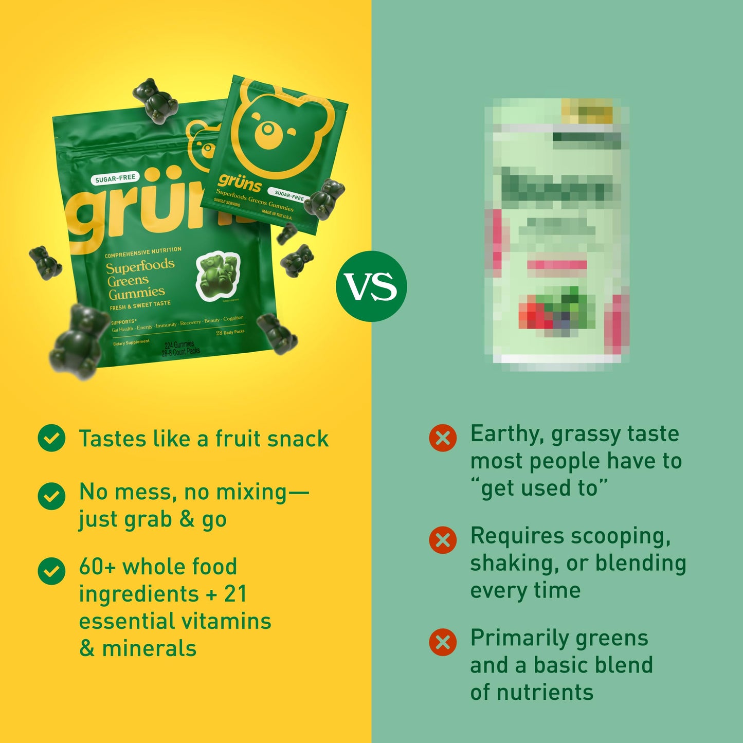 Gruns Adults Super Greens Gummies, Multivitamin Superfood Gummy Bears with Spirulina, Chlorella, Prebiotics & Fiber for Digestive Health, Adaptogens Supplement with 20 Vitamins & Minerals, 28 Count