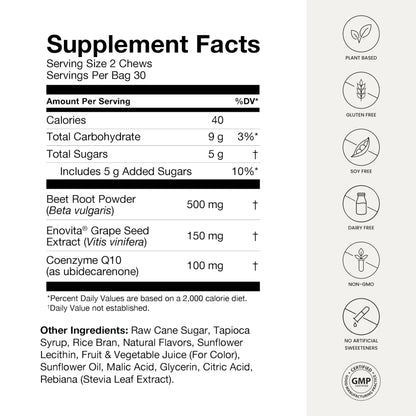 humanN SuperBeets Heart Chews Advanced - 3-in-1 Formula with Beetroot, Grape Seed Extract, & CoQ10, 60 Count - Nirvana Guru