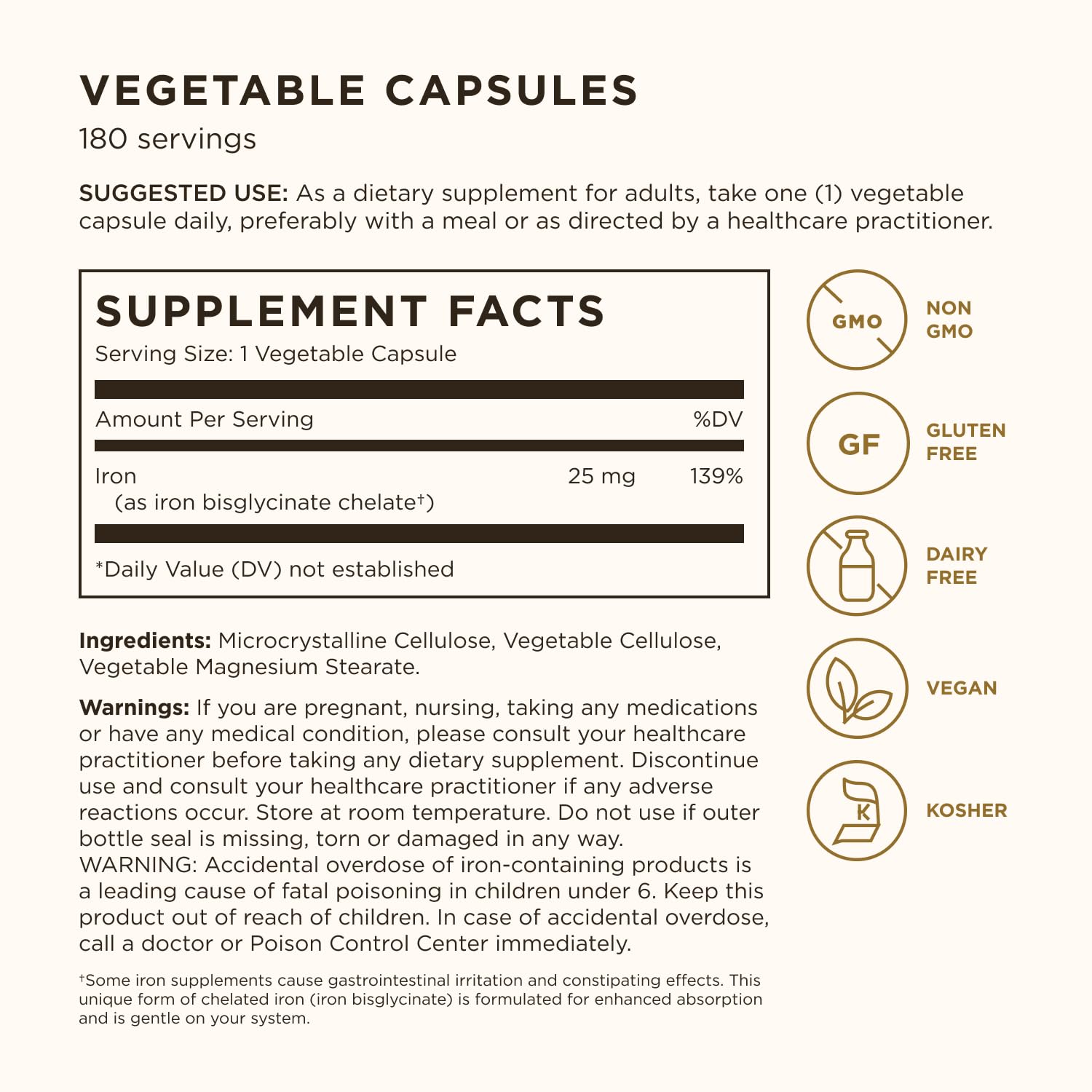 Solgar Gentle Iron, 180 Vegetable Capsules - Ideal for Sensitive Stomachs - Non-Constipating - Red Blood Cell Supplement - Non GMO, Vegan, Gluten-Free, Dairy Free, Kosher - 180 Servings Nirvana Guru