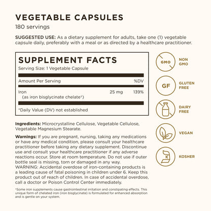 Solgar Gentle Iron, 180 Vegetable Capsules - Ideal for Sensitive Stomachs - Non-Constipating - Red Blood Cell Supplement - Non GMO, Vegan, Gluten-Free, Dairy Free, Kosher - 180 Servings Nirvana Guru