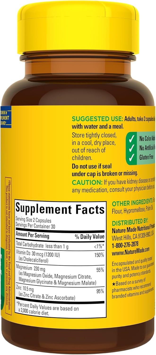 Nature Made Magnesium Complex with Vitamin D and Zinc Supplements, Magnesium Supplement for Muscle, Nerve, Heart & Bone Support with Vitamin D3 & Zinc for Immune Support, 60 Capsules, 30 Day Supply - Nirvana Guru