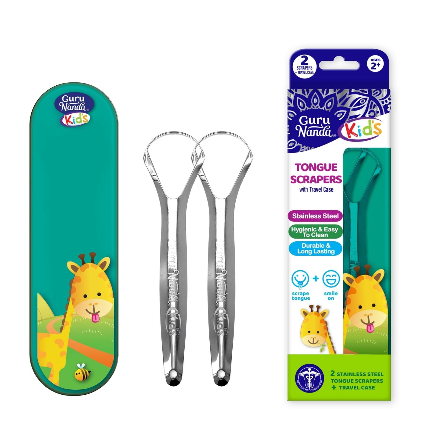 GuruNanda Tongue Scraper for Adults (2 Pack) with Travel Case, 420 Medical-Grade 100% Stainless Steel Tongue Cleaner, Aids in Fresh Breath & Oral Care Nirvana Guru