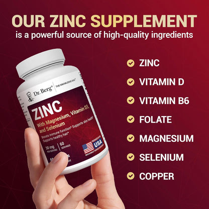 Dr. Berg Zinc 30mg Enhanced with Magnesium, Vitamin D3, Selenium, & Copper - Zinc Supplements for Men & Women - Chelated Zinc for Immune, Skin, Hair, & Nails Support* - 60 Capsules - Nirvana Guru