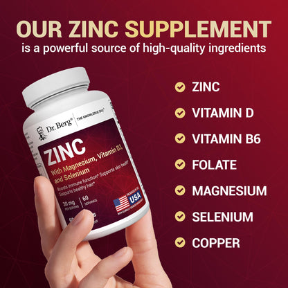 Dr. Berg Zinc 30mg Enhanced with Magnesium, Vitamin D3, Selenium, & Copper - Zinc Supplements for Men & Women - Chelated Zinc for Immune, Skin, Hair, & Nails Support* - 60 Capsules - Nirvana Guru