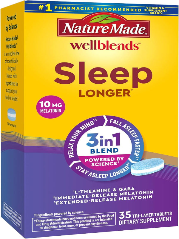 Nature Made Wellblends Sleep Longer, Melatonin 10mg, L theanine 100 mg, and GABA 100mg, Sleep Supplement, 35 Tri-Layer Tablets - Nirvana Guru