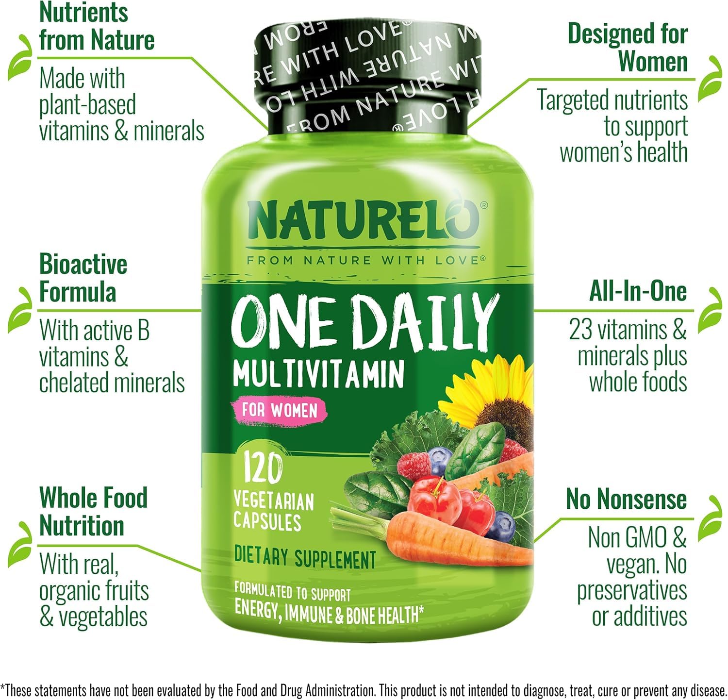 NATURELO One Daily Multivitamin for Women - Energy Support - Whole Food Supplement to Nourish Hair, Skin, Nails - Non-GMO - No Soy - Gluten Free - 120 Capsules - 4 Month Supply - Nirvana Guru